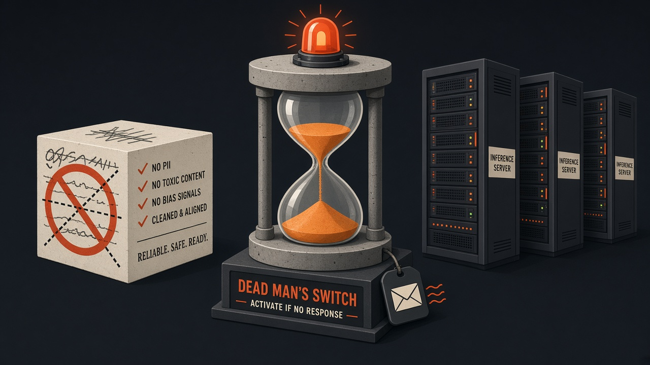 Dead man's switch hourglass with alert light, a cleaned small model cube, and open inference server racks