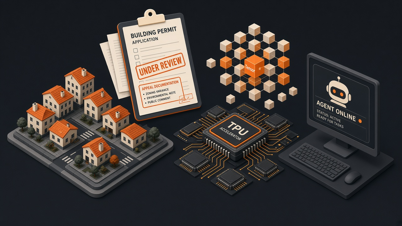 City neighborhood board with an UNDER REVIEW permit clipboard, TPU chips with tensor cubes, and an agent desktop